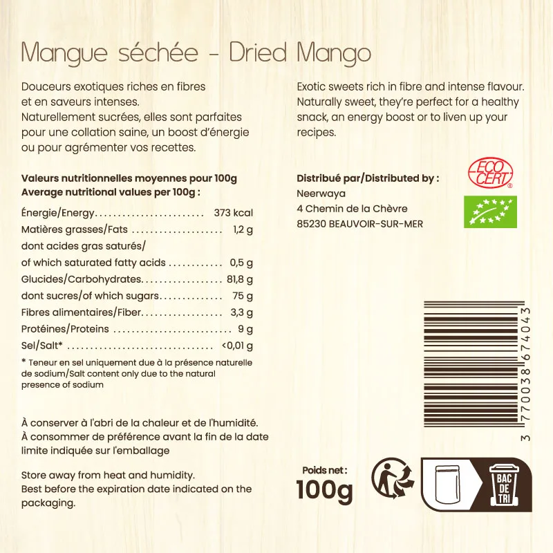 Mangue séchée Bio - Valeurs nutrutives